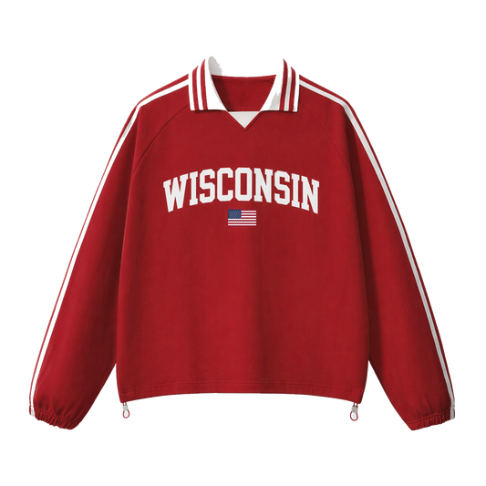 Collection 2 Wisconsin Contrast Striped Lapel Collar Sweatshirt - Red front