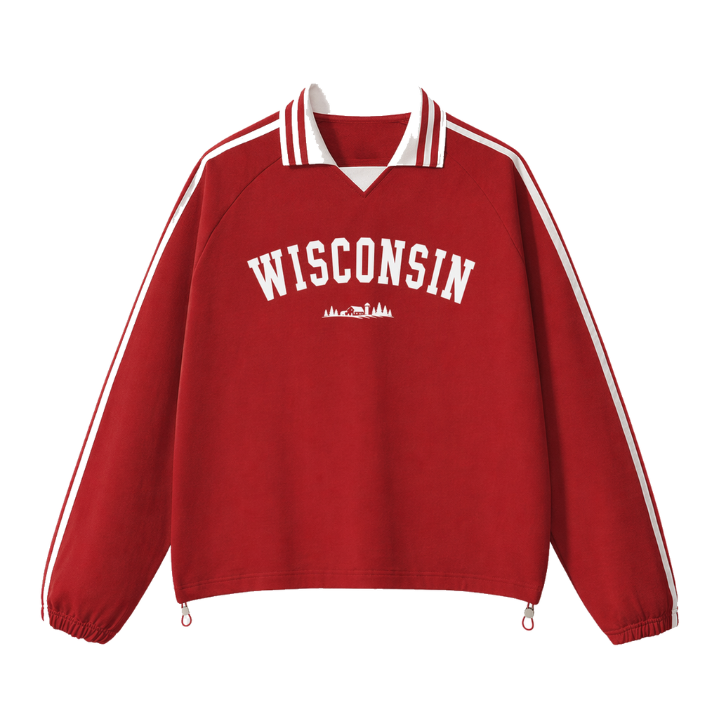 Collection 9 Wisconsin Contrast Striped Lapel Collar Sweatshirt - Red front