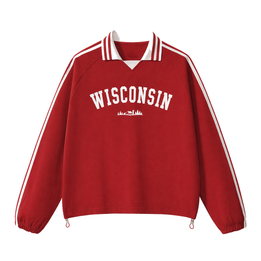 Collection 9 Wisconsin Contrast Striped Lapel Collar Sweatshirt - Red front