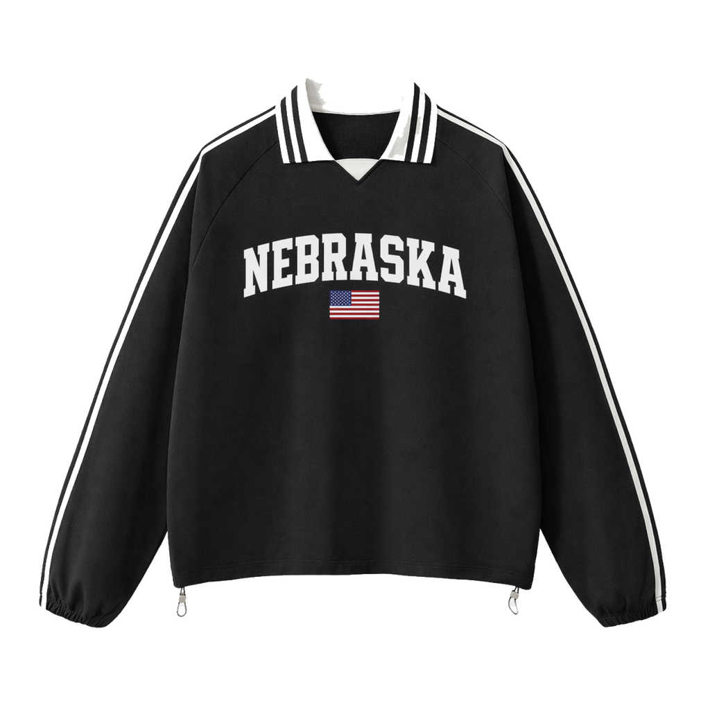 Collection 2 Nebraska Contrast Striped Lapel Collar Sweatshirt - Black front