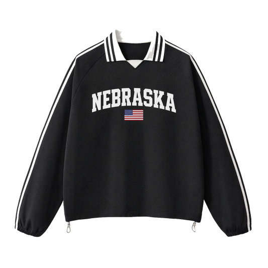 Collection 2 Nebraska Contrast Striped Lapel Collar Sweatshirt - Black front