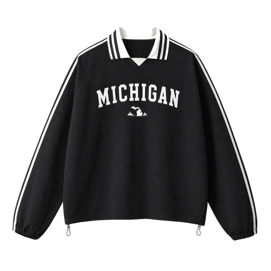 Collection 9 Michigan Contrast Striped Lapel Collar Sweatshirt - Black front