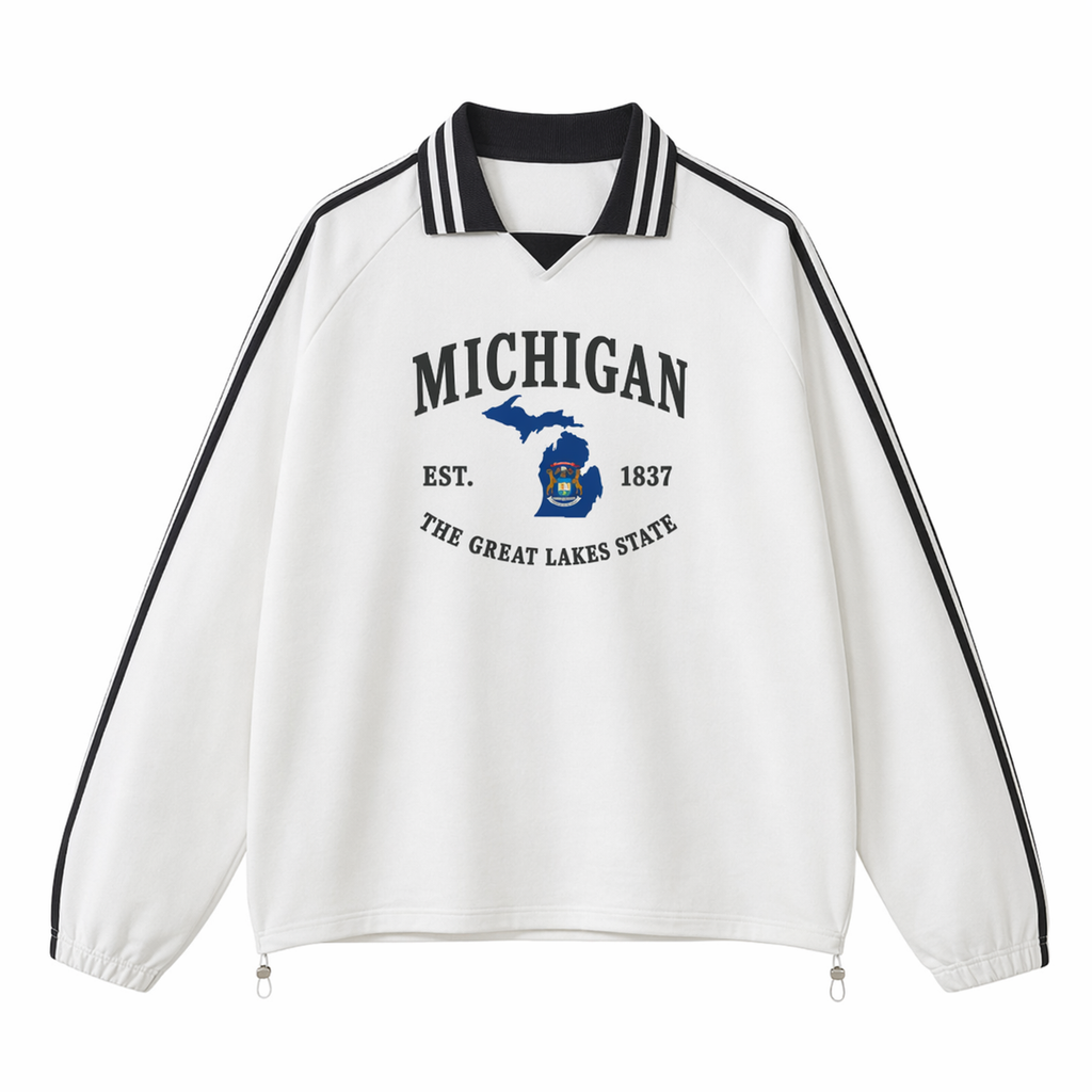 Collection 8 Michigan Contrast Striped Lapel Collar Sweatshirt - White front