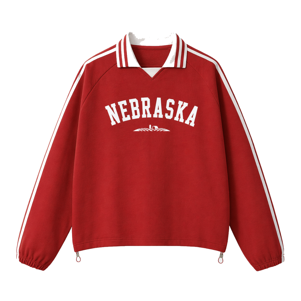 Collection 9 Nebraska Contrast Striped Lapel Collar Sweatshirt - Red front