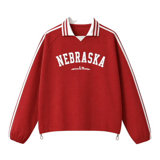 Collection 9 Nebraska Contrast Striped Lapel Collar Sweatshirt - Red front