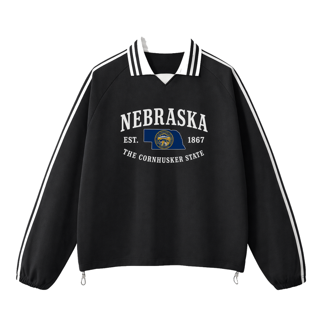Collection 8 Nebraska Contrast Striped Lapel Collar Sweatshirt - Black front