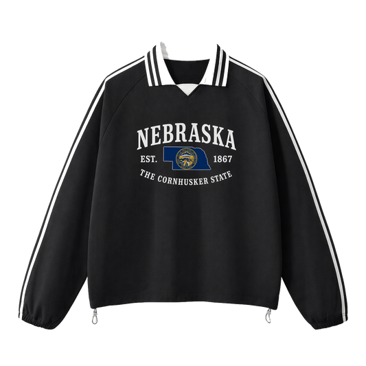 Collection 8 Nebraska Contrast Striped Lapel Collar Sweatshirt - Black front