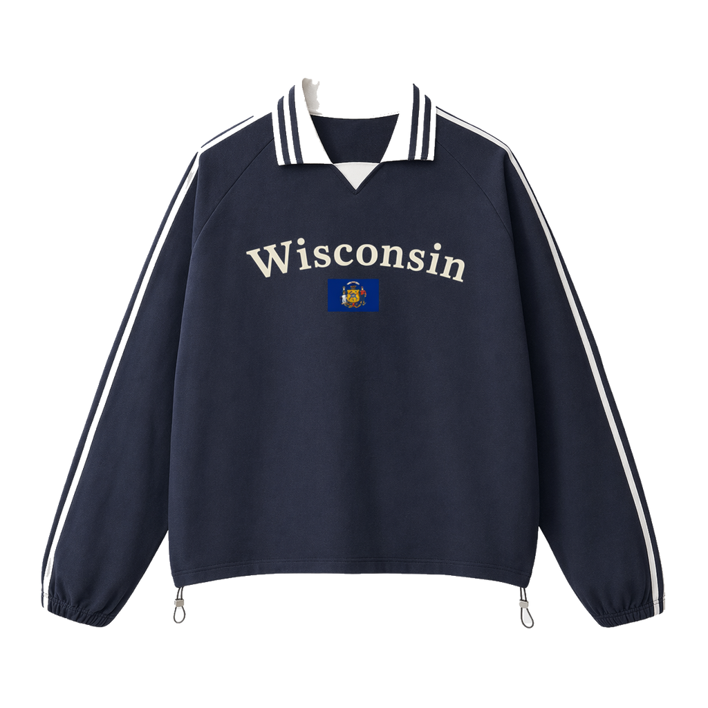 Collection 6 Wisconsin Contrast Striped Lapel Collar Sweatshirt - Royal Blue front