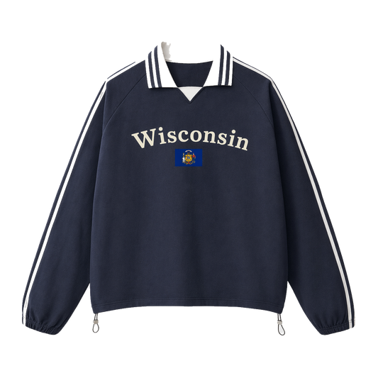 Collection 6 Wisconsin Contrast Striped Lapel Collar Sweatshirt - Royal Blue front