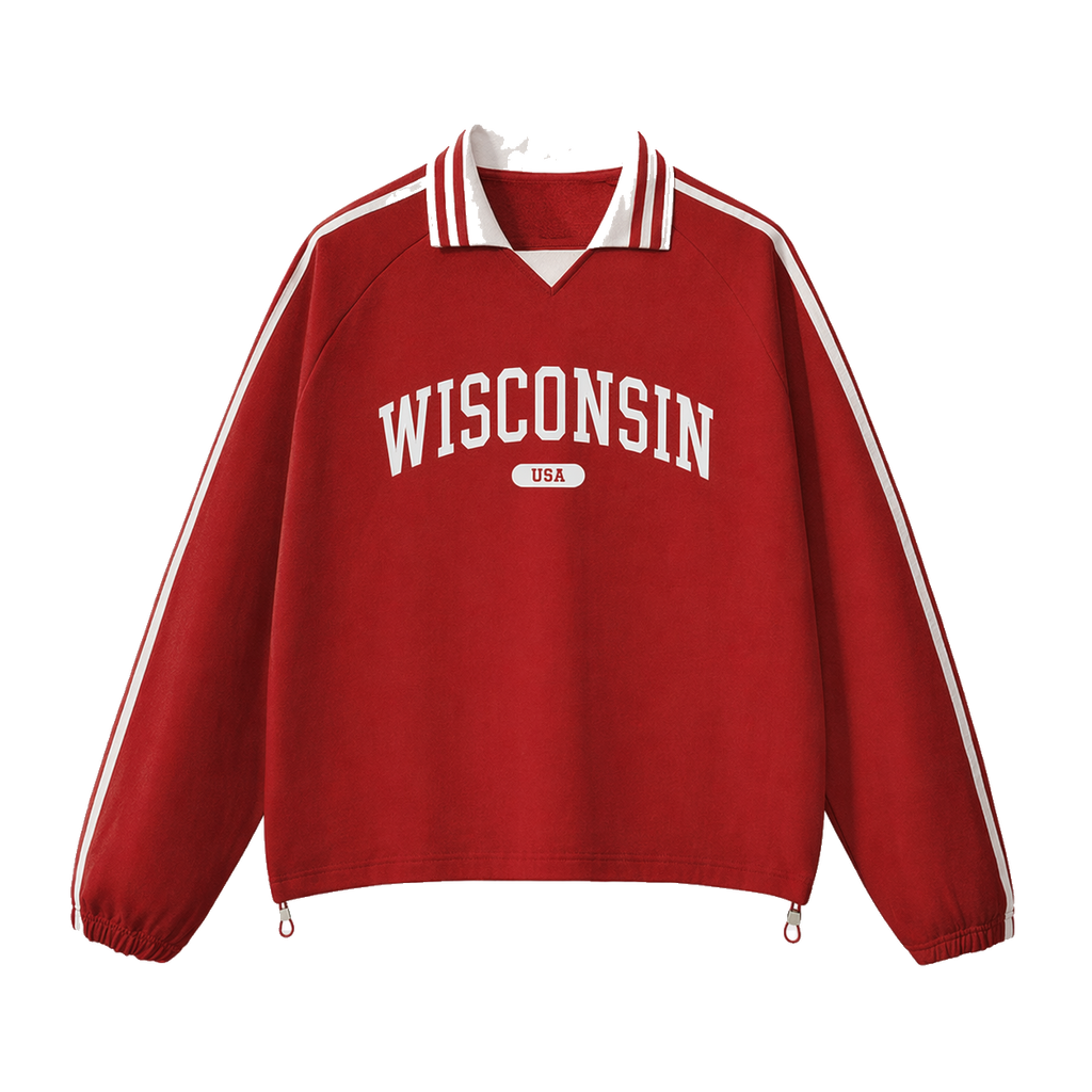 Collection 4 Wisconsin Contrast Striped Lapel Collar Sweatshirt - Red front