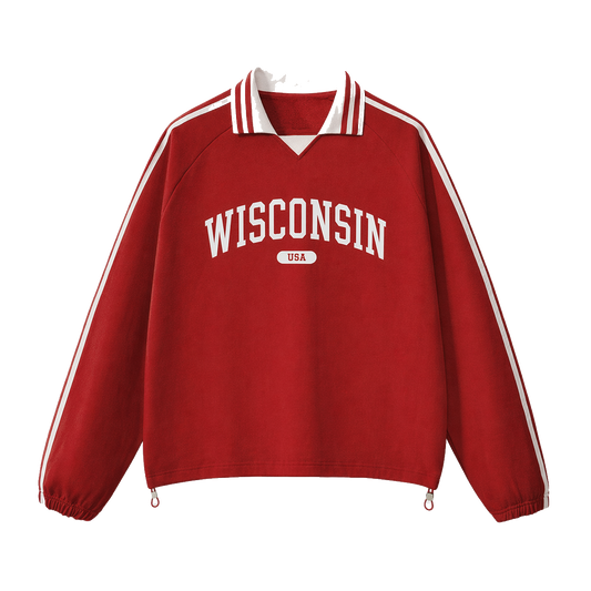 Collection 4 Wisconsin Contrast Striped Lapel Collar Sweatshirt - Red front