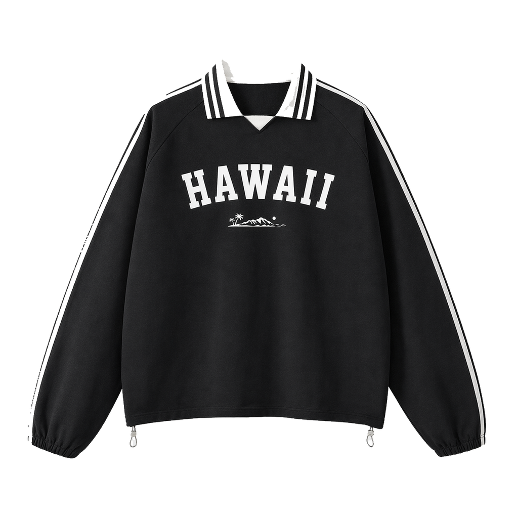 Collection 9 Hawaii Contrast Striped Lapel Collar Sweatshirt - Black front