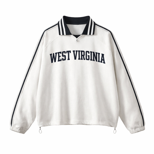 Collection 1 West Virginia Contrast Striped Lapel Collar Sweatshirt - White front