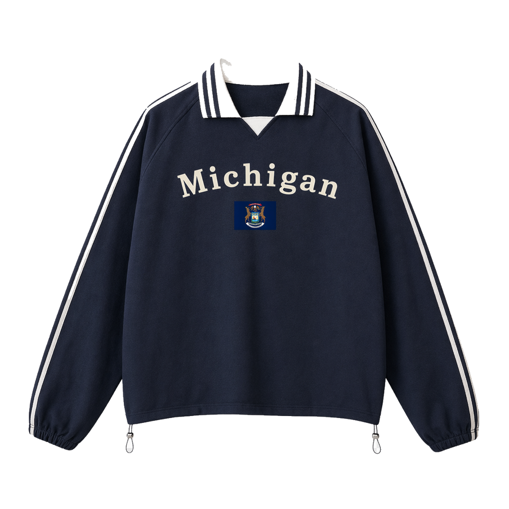 Collection 6 Michigan Contrast Striped Lapel Collar Sweatshirt - Royal Blue front