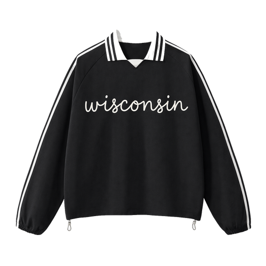 Collection 3 Wisconsin Contrast Striped Lapel Collar Sweatshirt - Black front