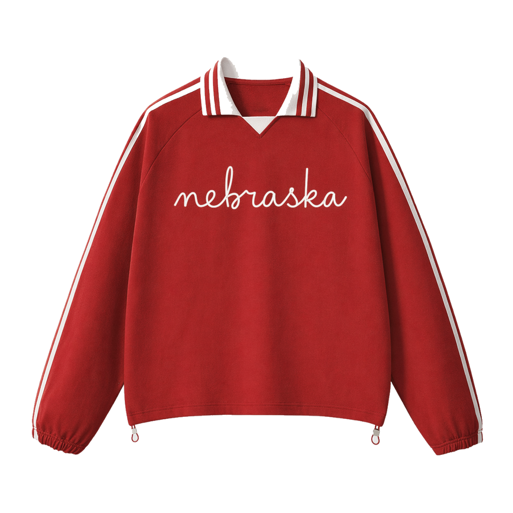 Collection 3 Nebraska Contrast Striped Lapel Collar Sweatshirt - Red front