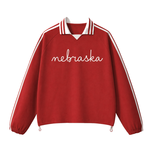 Collection 3 Nebraska Contrast Striped Lapel Collar Sweatshirt - Red front
