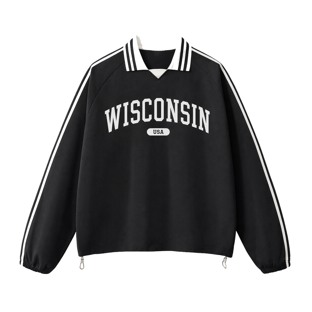 Collection 4 Wisconsin Contrast Striped Lapel Collar Sweatshirt - Black front