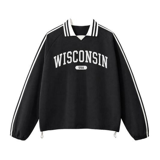 Collection 4 Wisconsin Contrast Striped Lapel Collar Sweatshirt - Black front