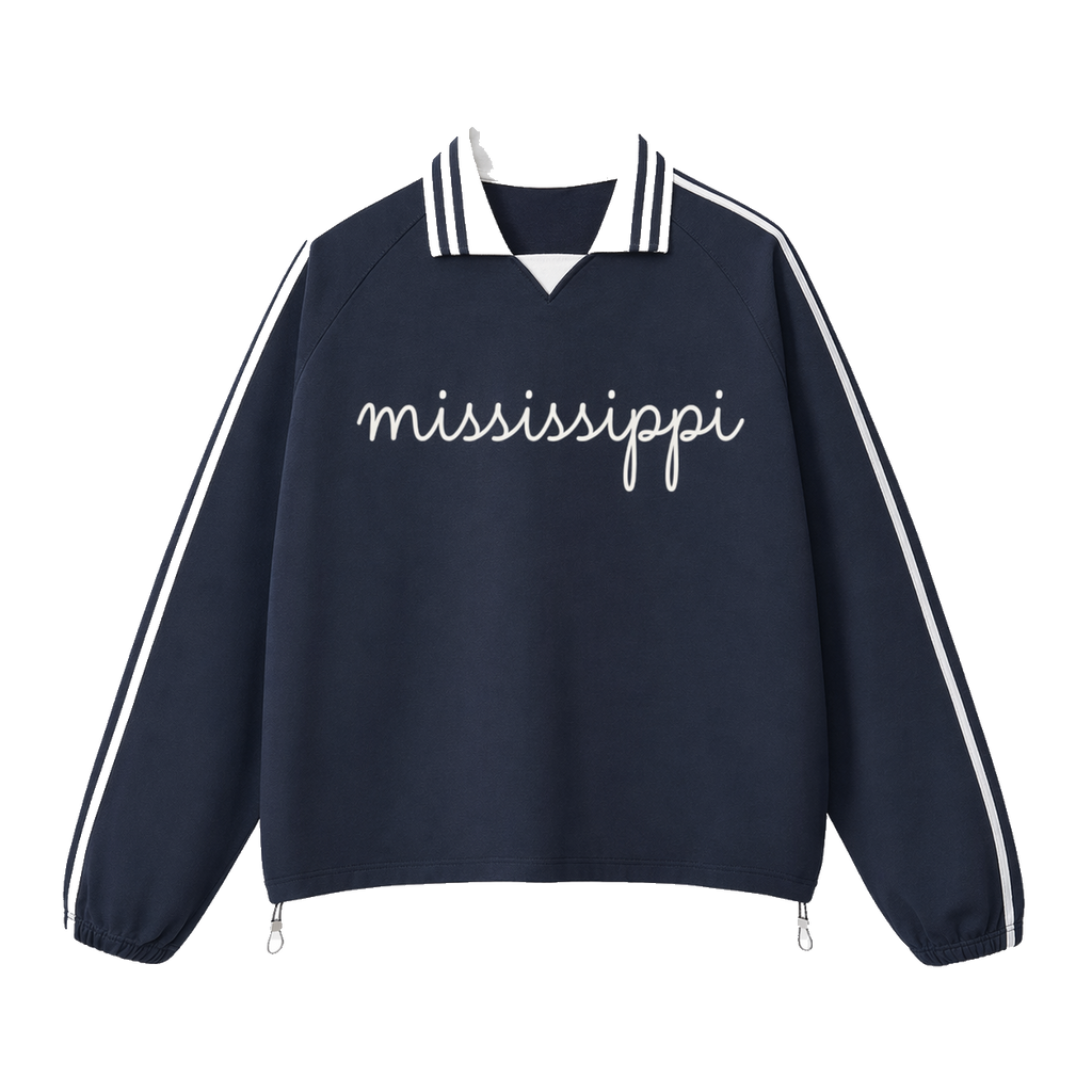 Collection 3 Mississippi Contrast Striped Lapel Collar Sweatshirt - Royal Blue front