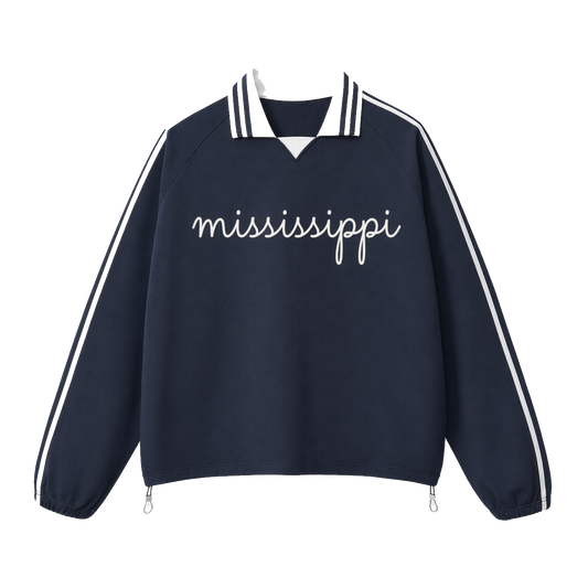 Collection 3 Mississippi Contrast Striped Lapel Collar Sweatshirt - Royal Blue front