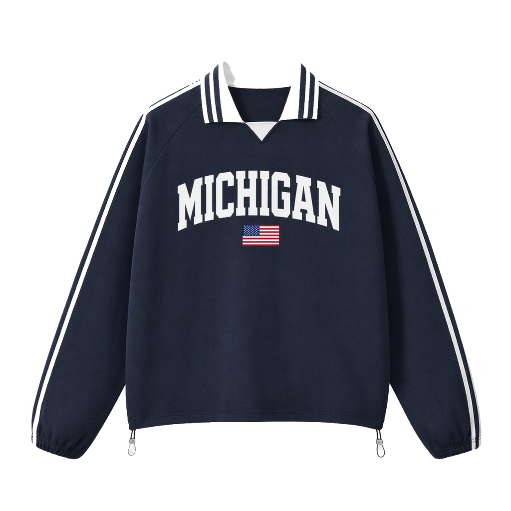 Collection 2 Michigan Contrast Striped Lapel Collar Sweatshirt - Royal Blue front