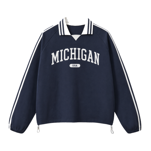 Collection 4 Michigan Contrast Striped Lapel Collar Sweatshirt - Royal Blue front