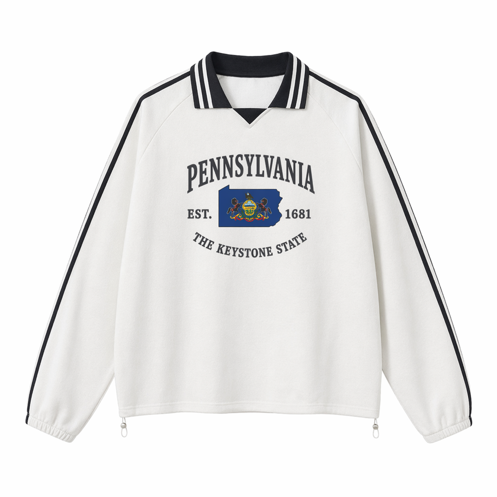 Collection 8 Pennsylvania Contrast Striped Lapel Collar Sweatshirt - White front