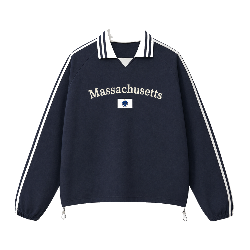 Collection 6 Massachusetts Contrast Striped Lapel Collar Sweatshirt - Royal Blue front