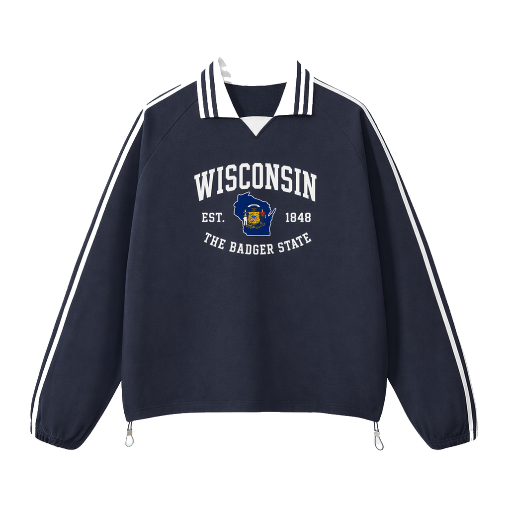Collection 8 Wisconsin Contrast Striped Lapel Collar Sweatshirt - Royal Blue front