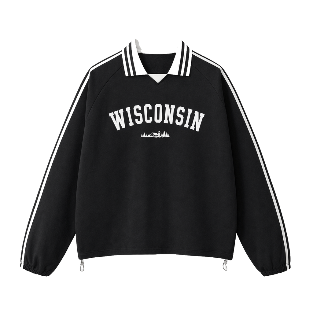 Collection 9 Wisconsin Contrast Striped Lapel Collar Sweatshirt - Black front