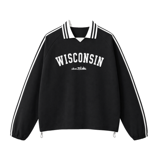 Collection 9 Wisconsin Contrast Striped Lapel Collar Sweatshirt - Black front