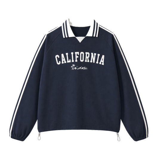 Collection 9 California Contrast Striped Lapel Collar Sweatshirt - Royal Blue front