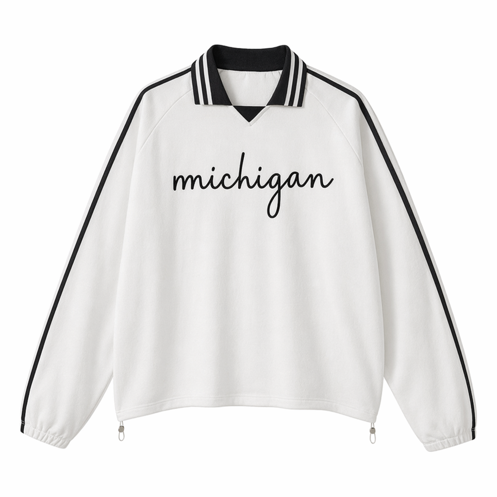 Collection 3 Michigan Contrast Striped Lapel Collar Sweatshirt - White front