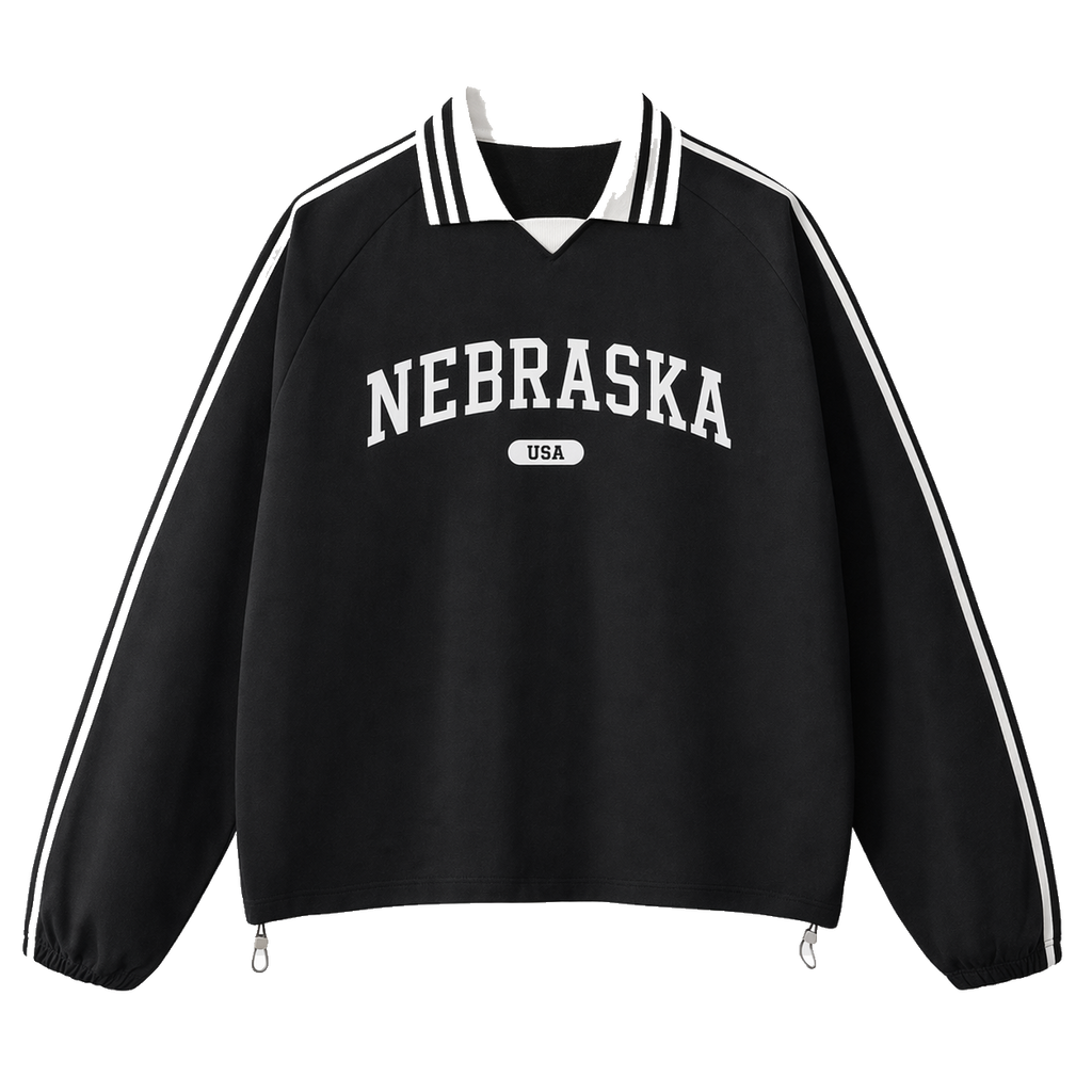 Collection 4 Nebraska Contrast Striped Lapel Collar Sweatshirt - Black front