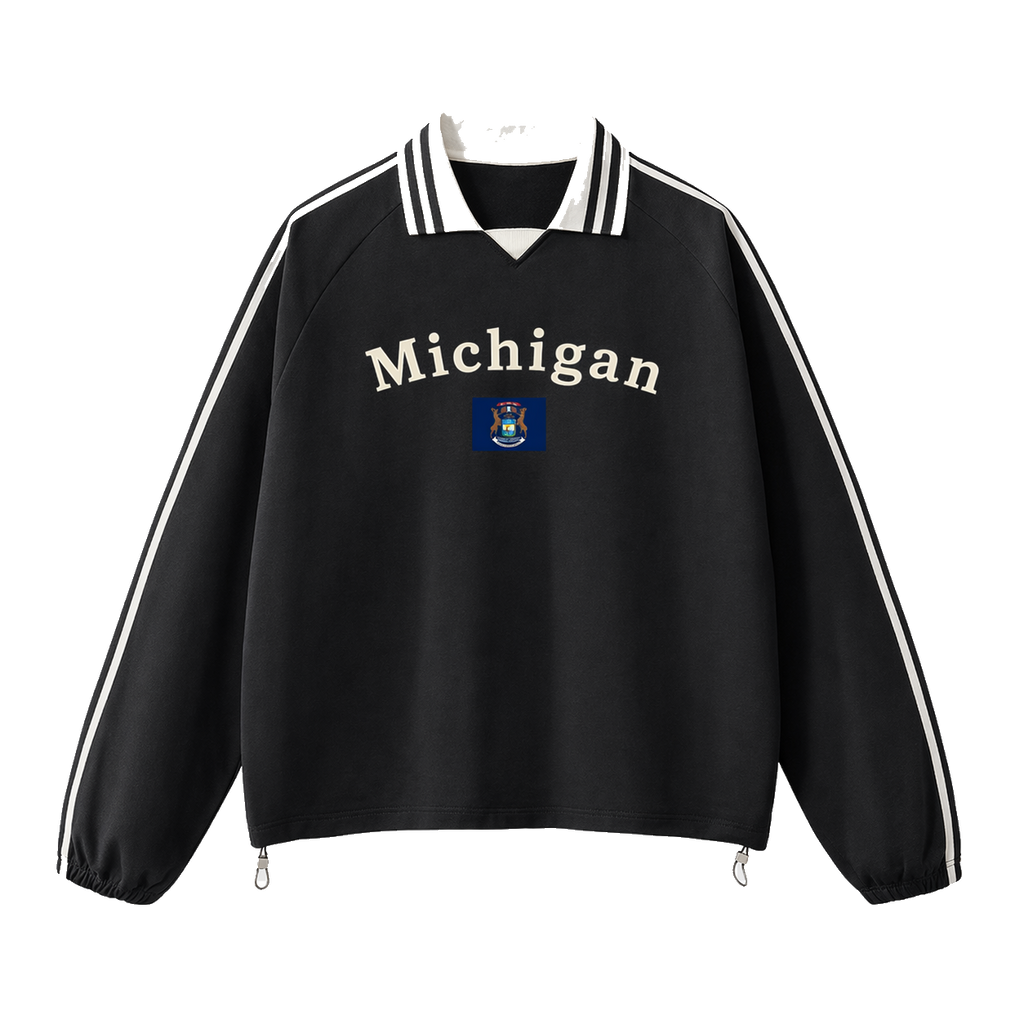Collection 6 Michigan Contrast Striped Lapel Collar Sweatshirt - Black front