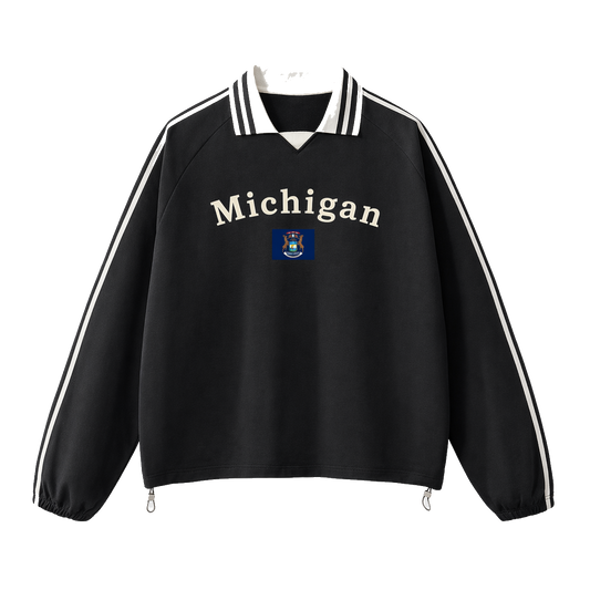 Collection 6 Michigan Contrast Striped Lapel Collar Sweatshirt - Black front