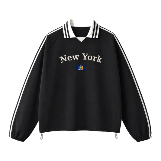 Collection 6 New York Contrast Striped Lapel Collar Sweatshirt - Black front