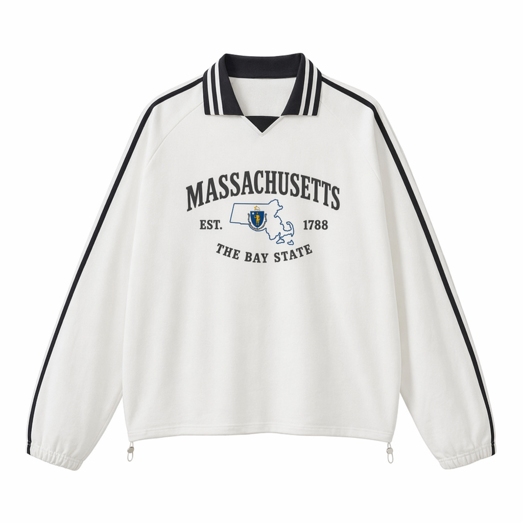 Collection 8 Massachusetts Contrast Striped Lapel Collar Sweatshirt - White front