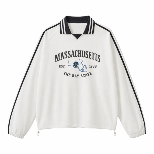 Collection 8 Massachusetts Contrast Striped Lapel Collar Sweatshirt - White front