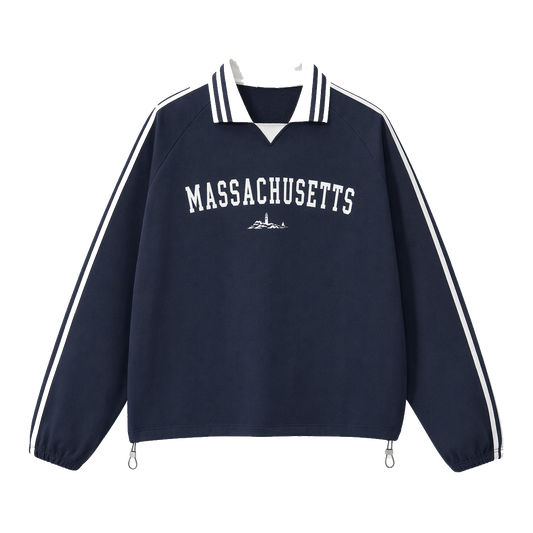 Collection 9 Massachusetts Contrast Striped Lapel Collar Sweatshirt - Royal Blue front