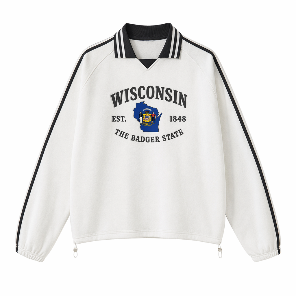 Collection 8 Wisconsin Contrast Striped Lapel Collar Sweatshirt - White front