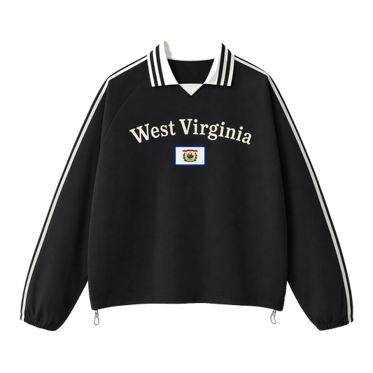 Collection 6 West Virginia Contrast Striped Lapel Collar Sweatshirt - Black front