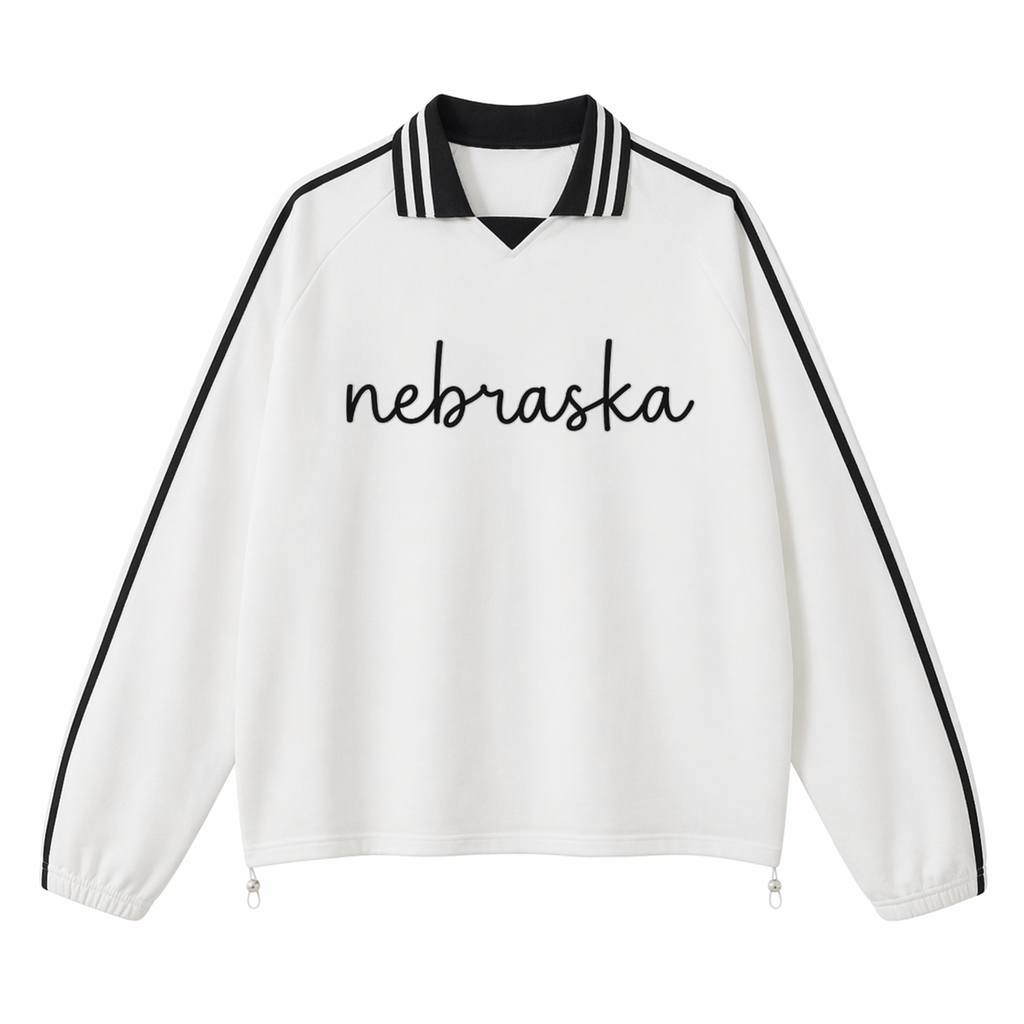 Collection 3 Nebraska Contrast Striped Lapel Collar Sweatshirt - White front