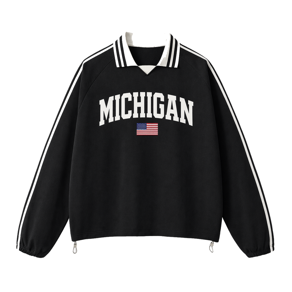 Collection 2 Michigan Contrast Striped Lapel Collar Sweatshirt - Black front
