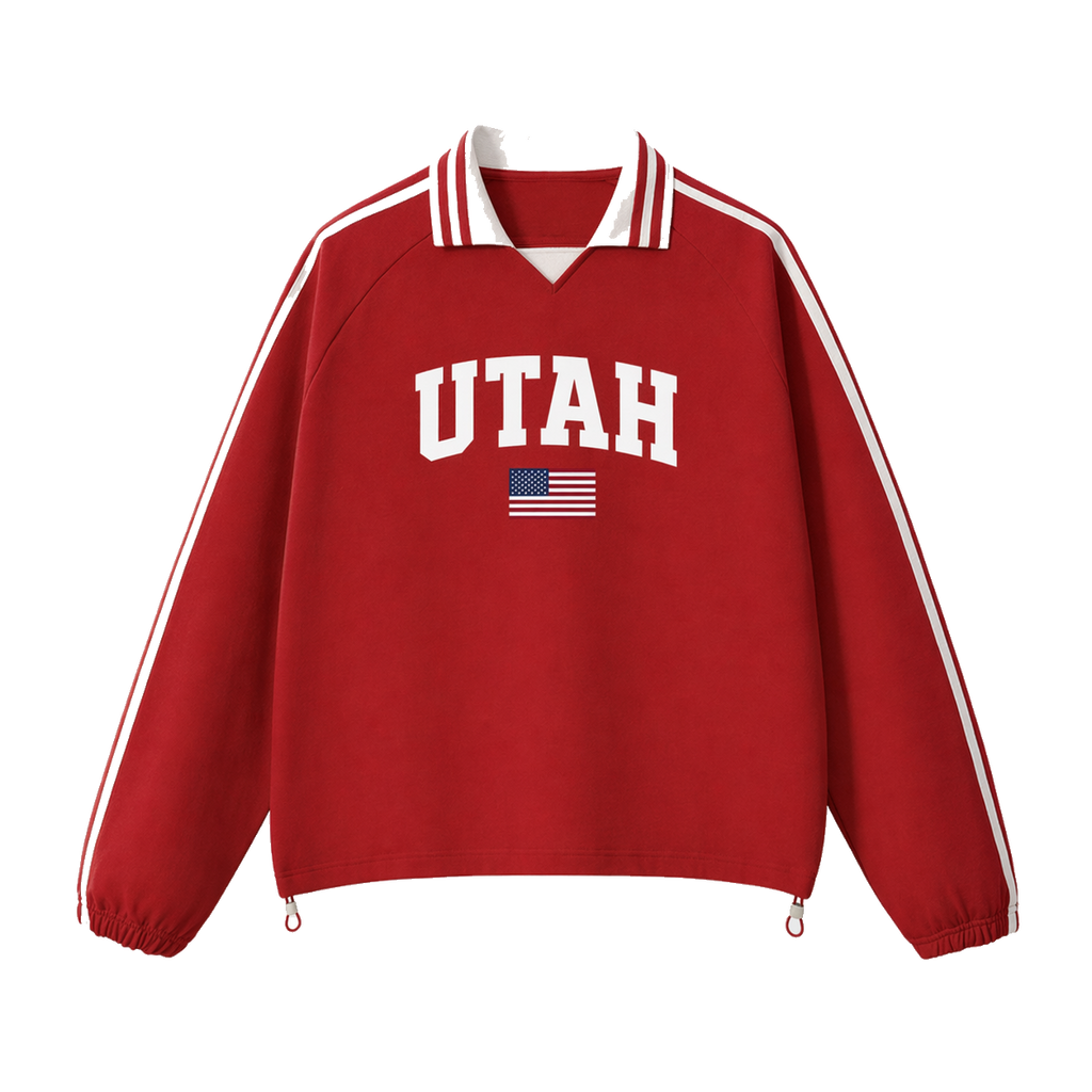Collection 2 Utah Contrast Striped Lapel Collar Sweatshirt - Red front
