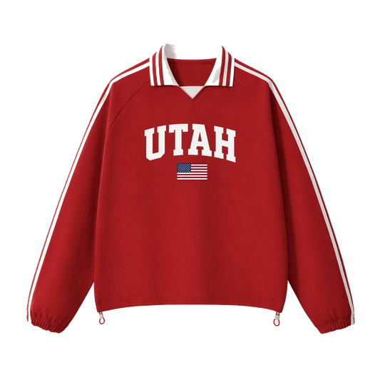 Collection 2 Utah Contrast Striped Lapel Collar Sweatshirt - Red front