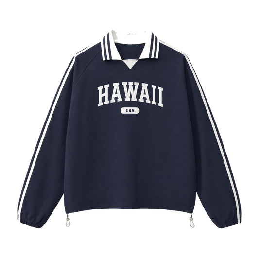 Collection 4 Hawaii Contrast Striped Lapel Collar Sweatshirt - Royal Blue front