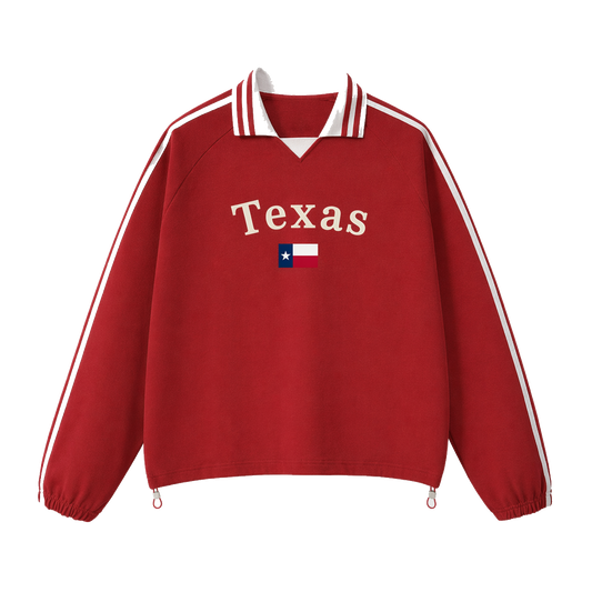 Collection 6 Texas Contrast Striped Lapel Collar Sweatshirt - Red front